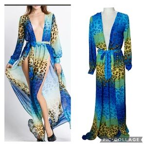 Moda Minx Dress Turquoise Leopard Print Long Sleeve Split 
Hem Maxi Size Small